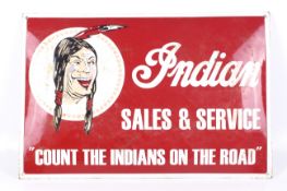 A vintage enamel advertising sign for Indian motorcycles.