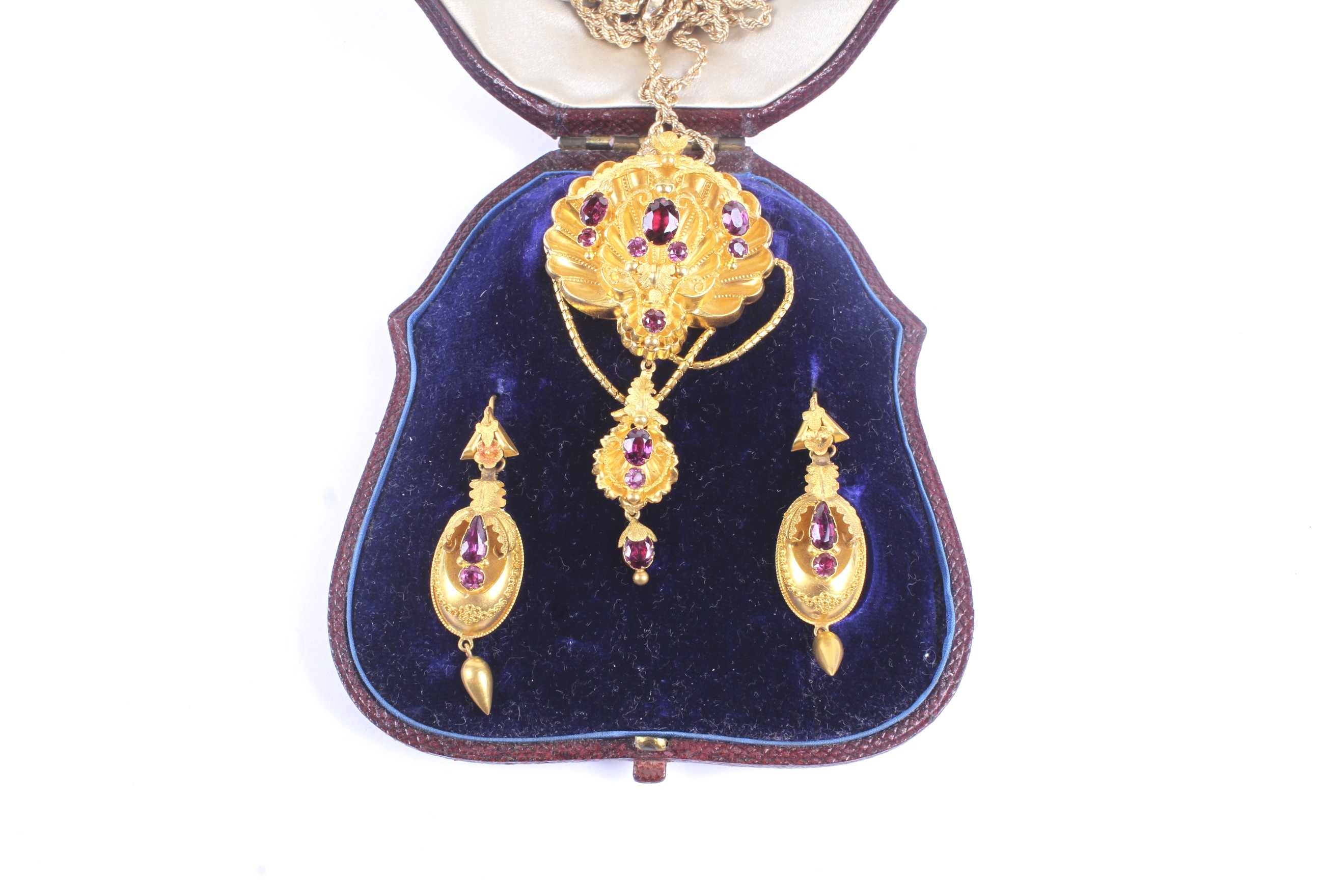 A William IV/early Victorian gold and garnet brooch/pendant and a pair of similar earrings. - Image 2 of 3