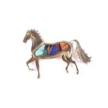 A vintage American '14K' and intarsia set horse brooch.