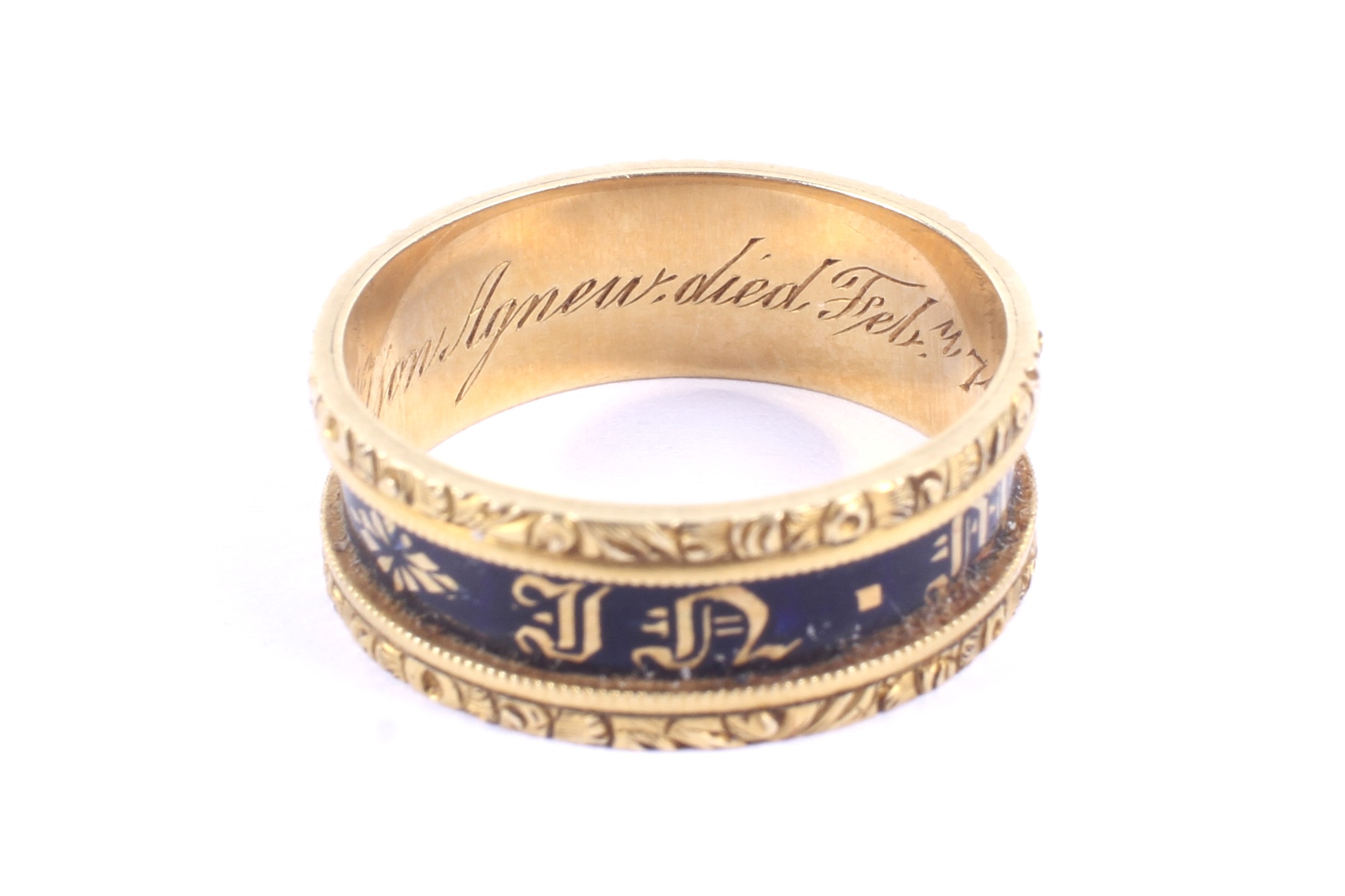 A William IV 18ct gold gold and black enamel broad mourning ring. - Image 5 of 5