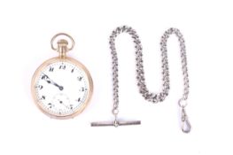 A 9ct gold-cased open-face keyless pocket watch, circa 1930, and a silver 'Albert'.