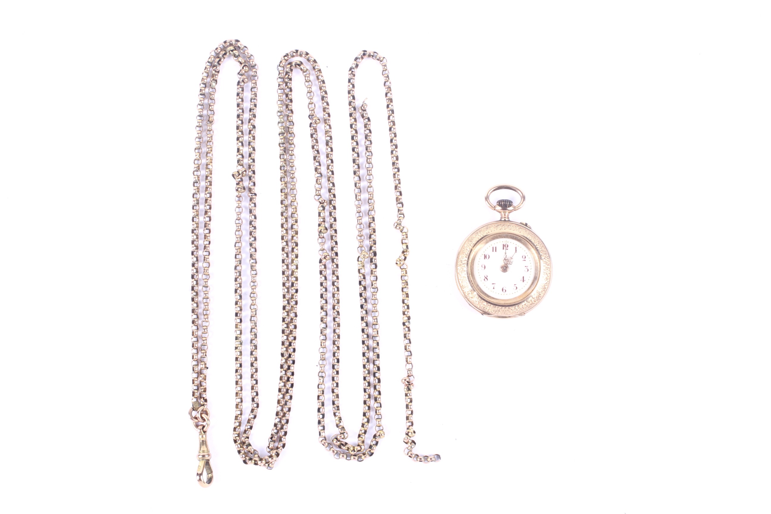 An early 20th century gold cased fob watch and a Victorian long guard chain.