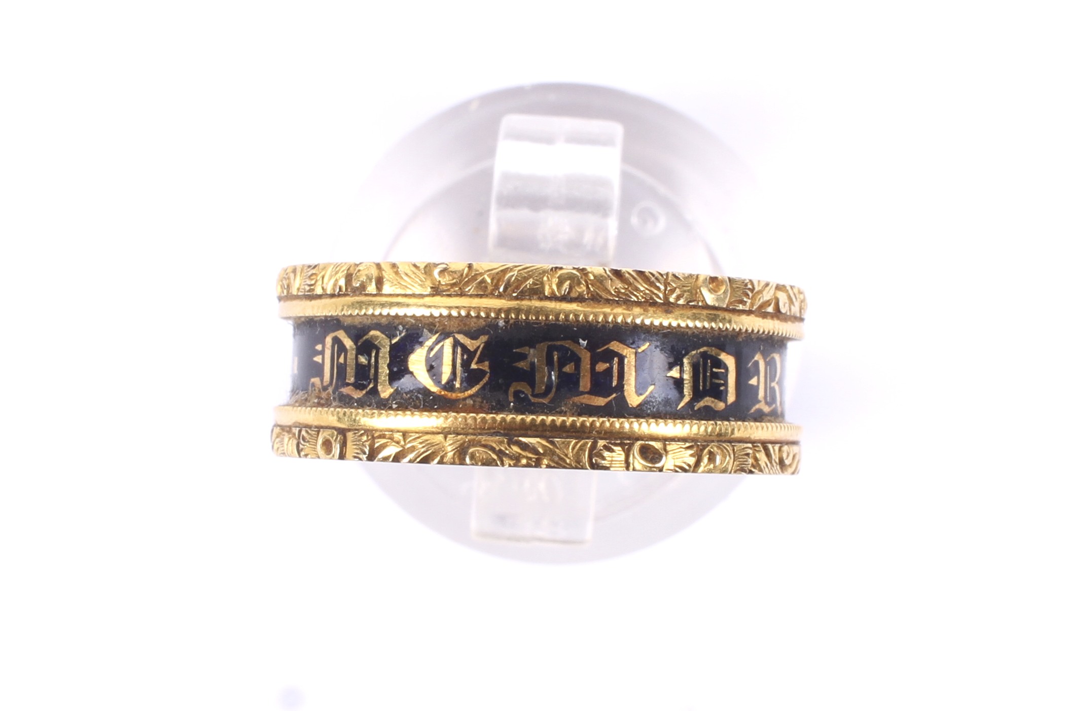 A William IV 18ct gold gold and black enamel broad mourning ring. - Image 2 of 5