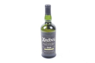 A bottle of Ardbeg 10 yrs old single malt Scotch whisky. 70cl, 46% vol.