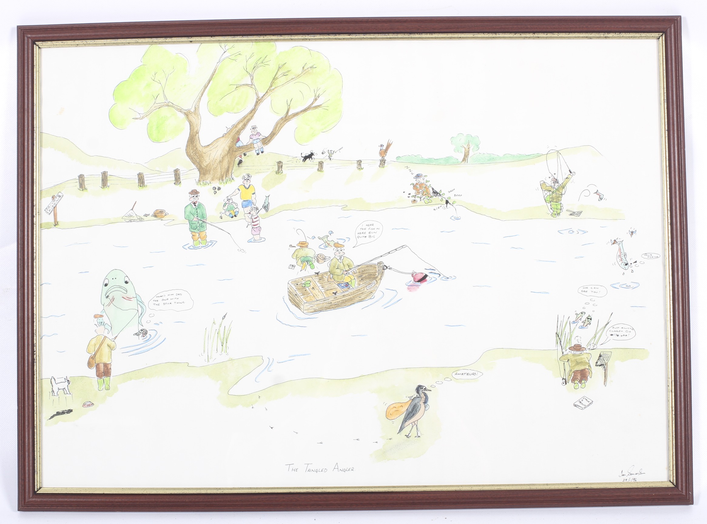 Jan Souerson watercolour and ink cartoon 'The Tangled Angler'. - Image 4 of 4