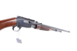 A Browning .22 pump action rim fire rifle. Serial Number 91599, thread cut for moderator.