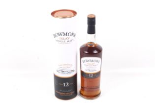 A bottle of Bowmore Islay single malt scotch whiskey.