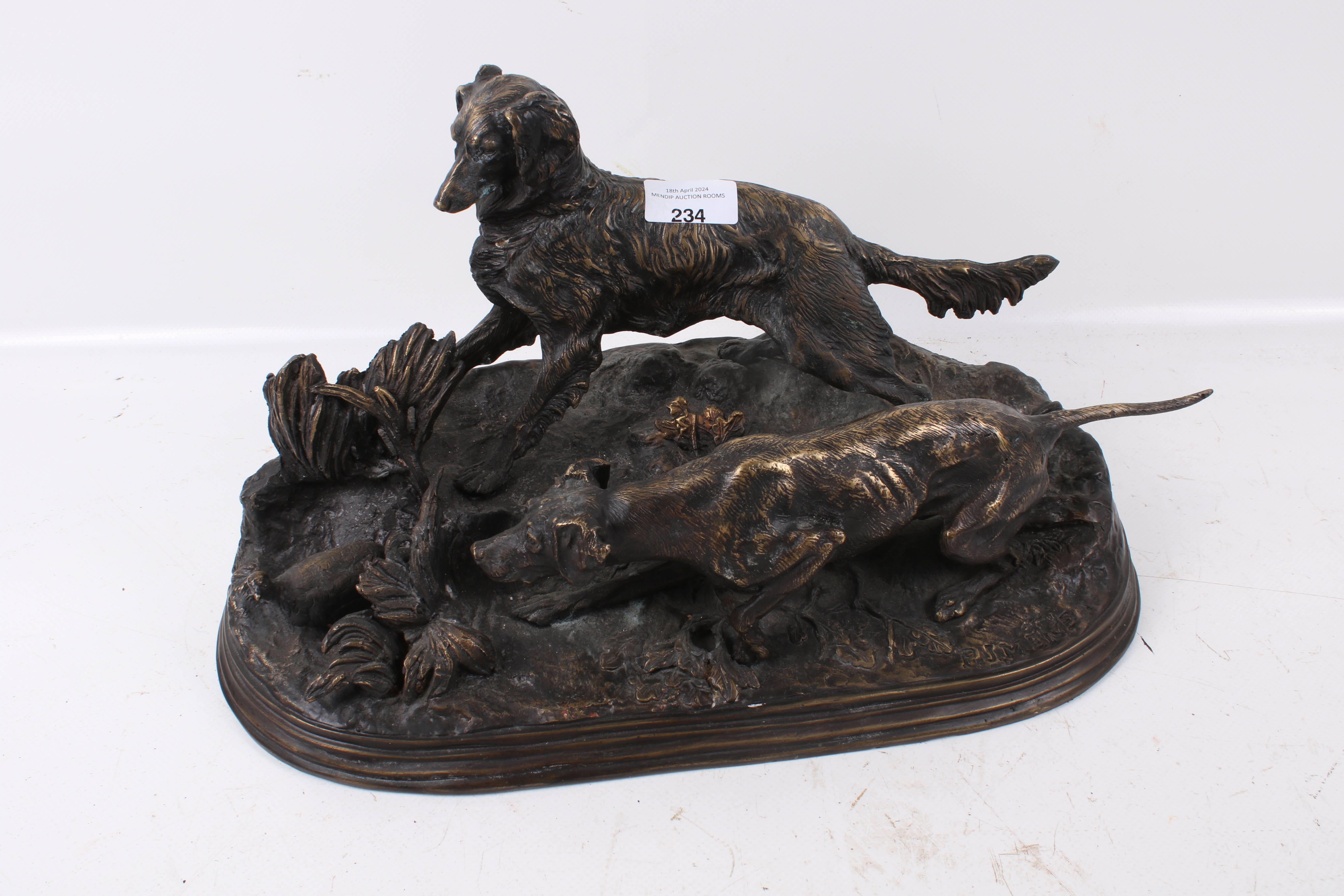 A bronze sculpture showing dogs hunting a pheasant. Signed 'P.J. Mene', L39cm. - Bild 3 aus 7