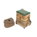 A vintage bamboo and wood coarse fishing tackle box/seat and a reed creel.