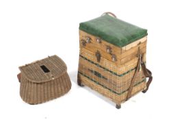 A vintage bamboo and wood coarse fishing tackle box/seat and a reed creel.