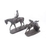 Two coated resin sculptures of horses with riders. Comprising one in stride signed 'O.