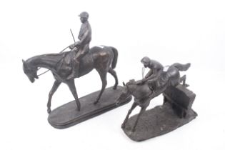 Two coated resin sculptures of horses with riders. Comprising one in stride signed 'O.