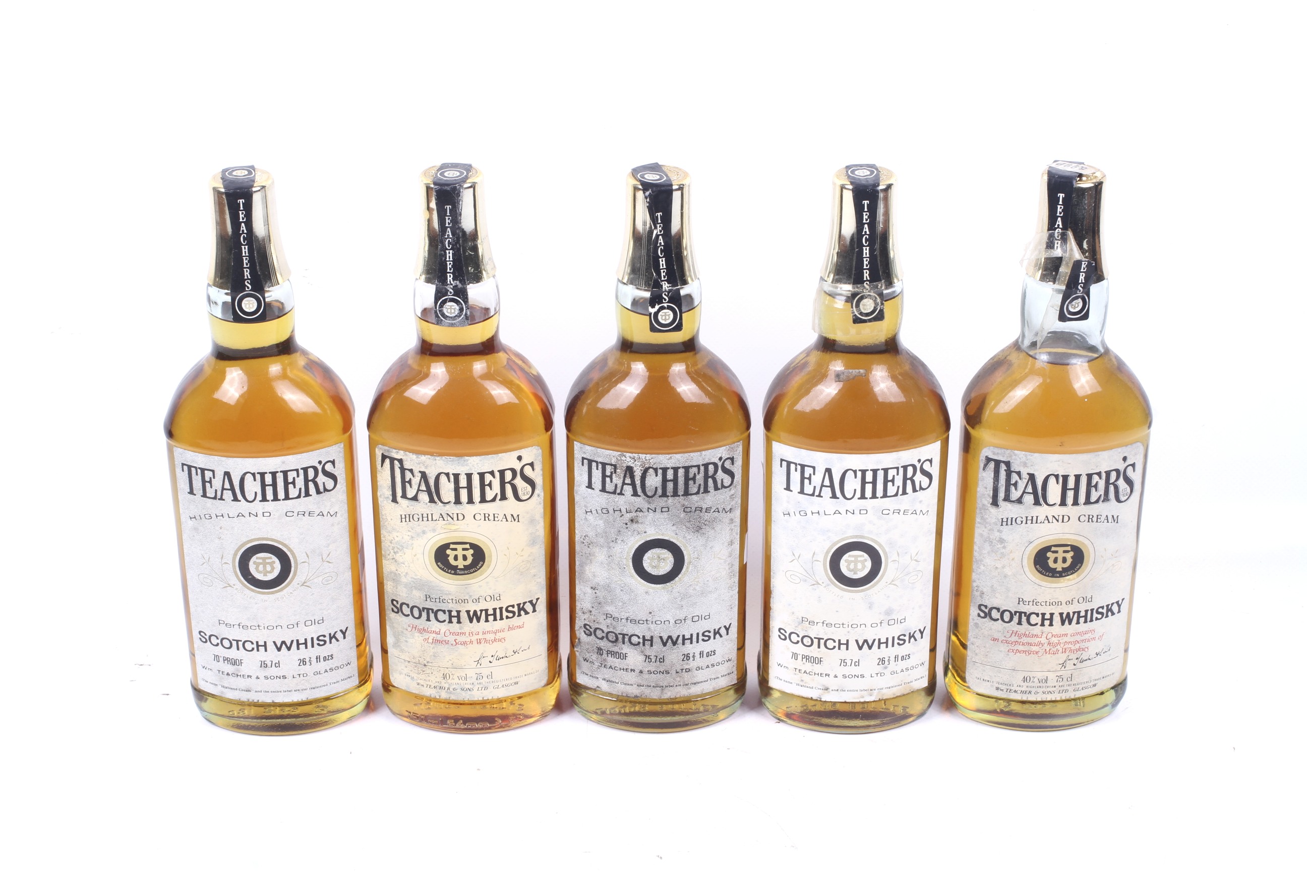 Five bottles of Teachers highland cream scotch whisky. 75cl, 40% vol.