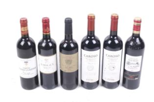 Six bottles of red wine. Comprising two bottles of Caroso 2011 750ml 14% vol.