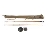 A Hardy 'The Gold Medal' 3-piece Palakona split-cane trout fly fishing rod and reels.