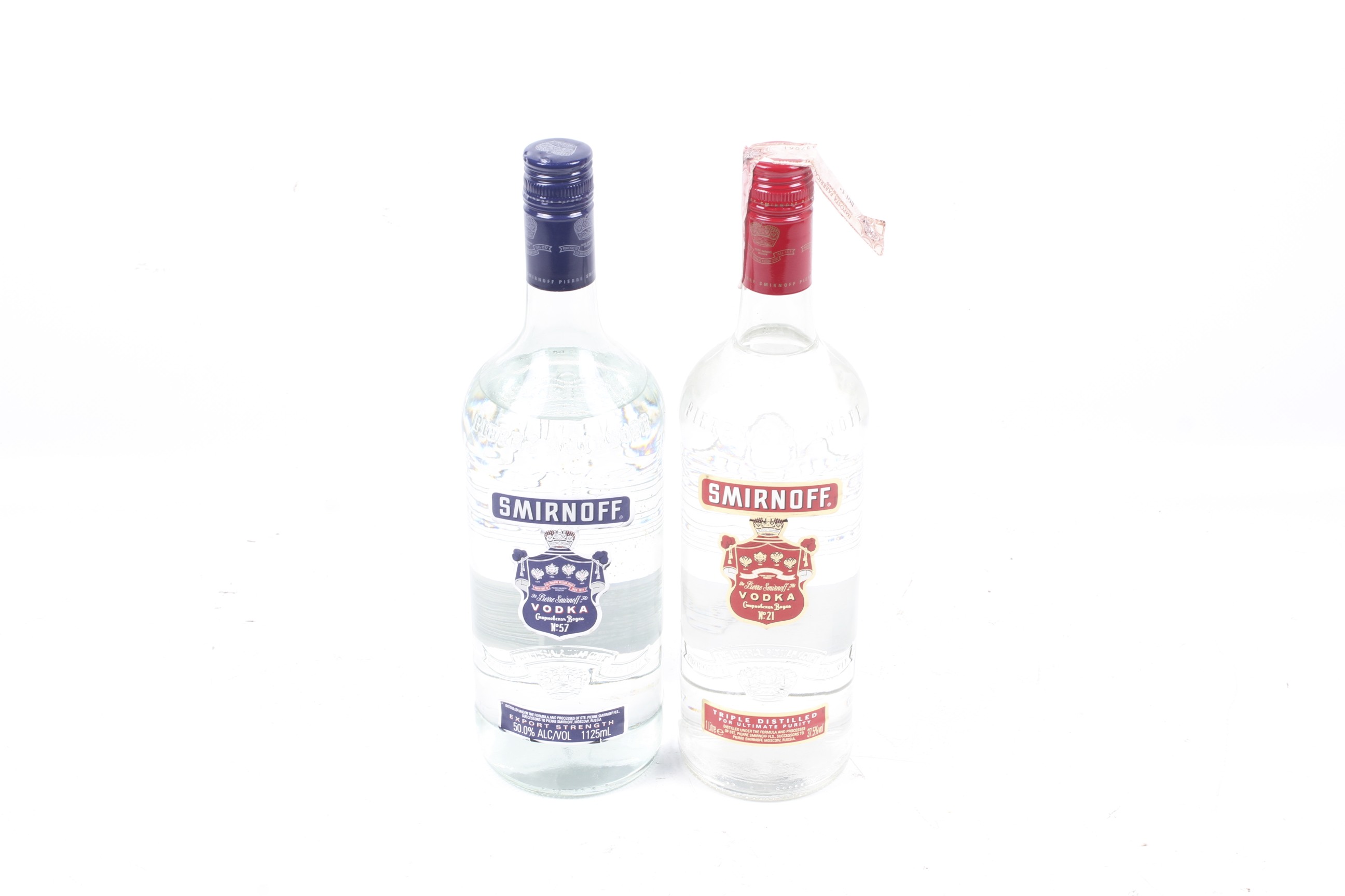 Two bottles of Smirnoff vodka. One bottle of no.21, 1l, 37.5% vol, and one bottle of no.57 1.