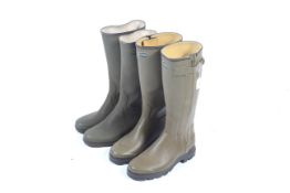 Two pairs of Le Chameau wellington boots. Both in green, sizes 44 and 45, unboxed.