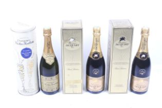 Three bottles of champagne. Comprising two bottles of Jacquart brut selection 75cl, 12.