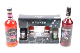 Two bottles of rum plus a Kraken gift set.