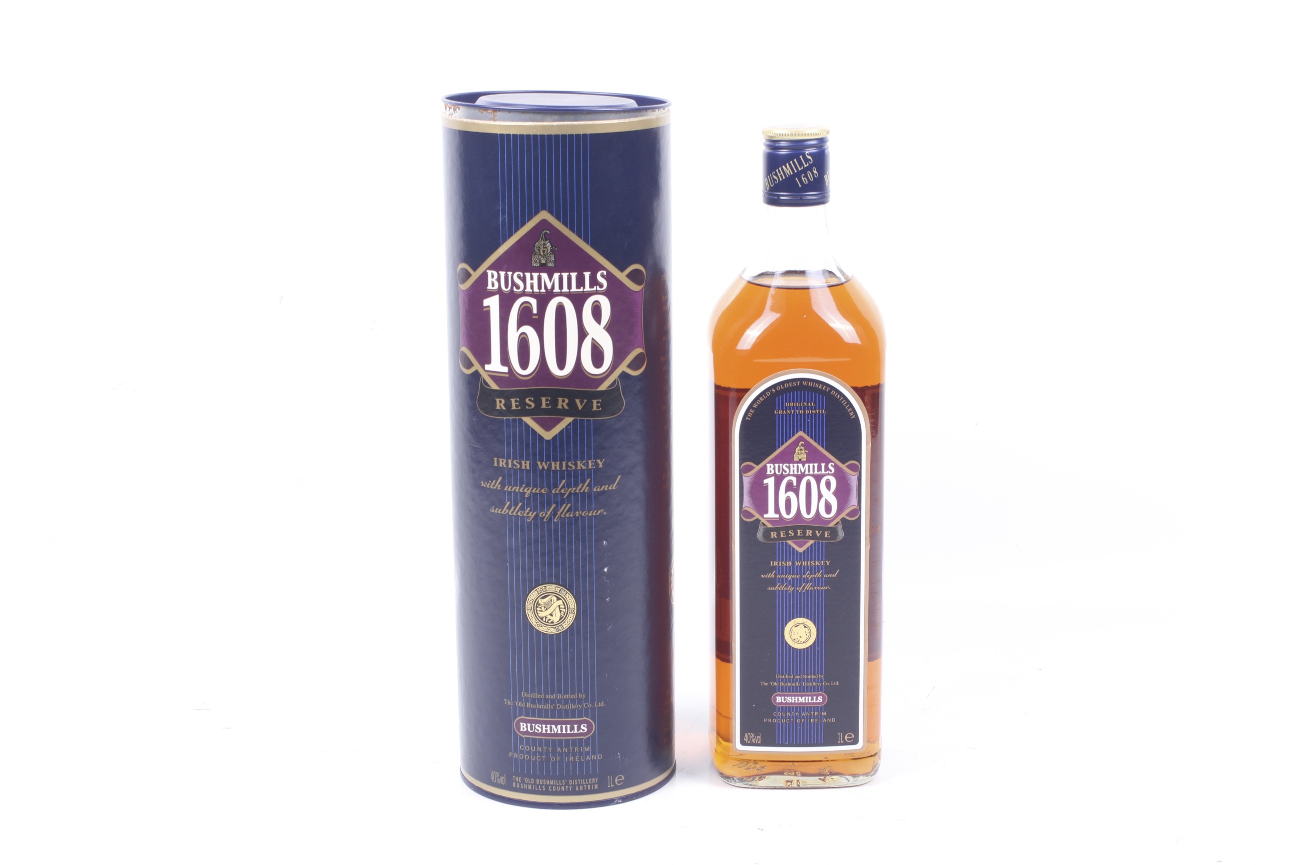 A bottle of Bushmills 1608 reserve Irish whiskey. Boxed, 1l, 40% vol.