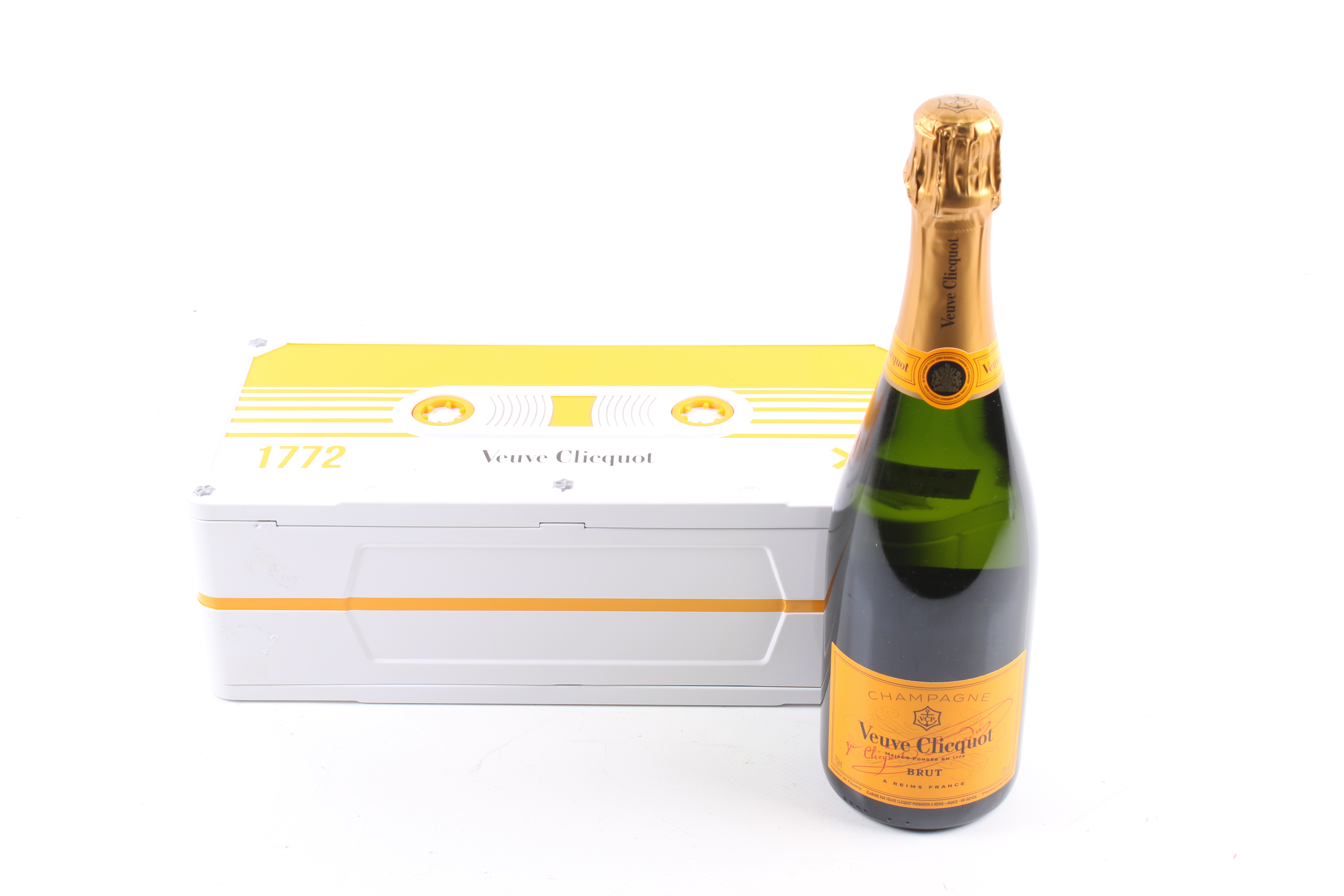 A bottle of Veuve clicquot brut champagne. In original tin, 75cl, 12% vol.