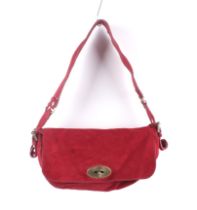 A Mulberry red suede flap shoulder bag.