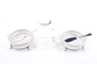 A small group of silver items including a silver mounted clear glass conical whiskey noggin.