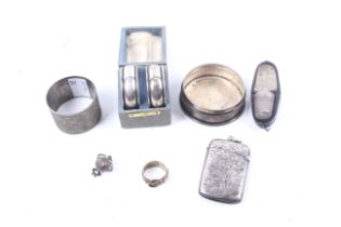 A collection of Victorian and later objects including a silver floral engraved vesta or match case.