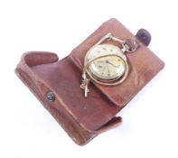 A gold plated Hamilton pocket watch with snake Albert in a leather carry case