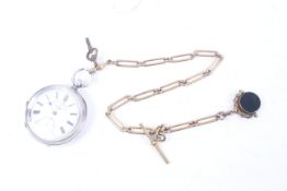 A Swiss .935 standard open face pocket watch with chain and fob.