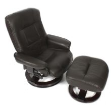A dark brown leatherette swivel chair and matching stool.