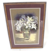 Jennifer Toombs (20th century), pastel, lilies and gypsophila in a glass vase.