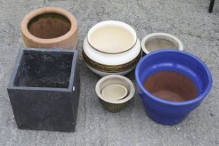 Seven assorted garden plant pots. Max.