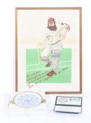 Three cricket collectables. Comprising a limited edition Coalport plate, 'C. Cowdrey C.B.E.