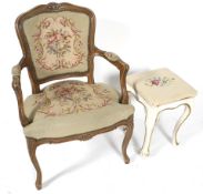 A 20th century French Fauteuil chair and and a similar stool.