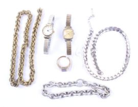 Two vintage 9ct gold and gem set rings, two lady's bracelet watches and two chains.