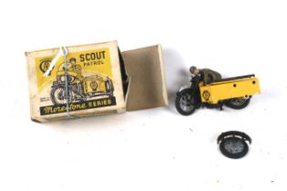 A Morestone series scout patrol motorcycle and sidecar. Complete with rider, in original box.