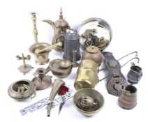 An assortment of vintage brass, copper and pewter items.