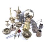 An assortment of vintage brass, copper and pewter items.