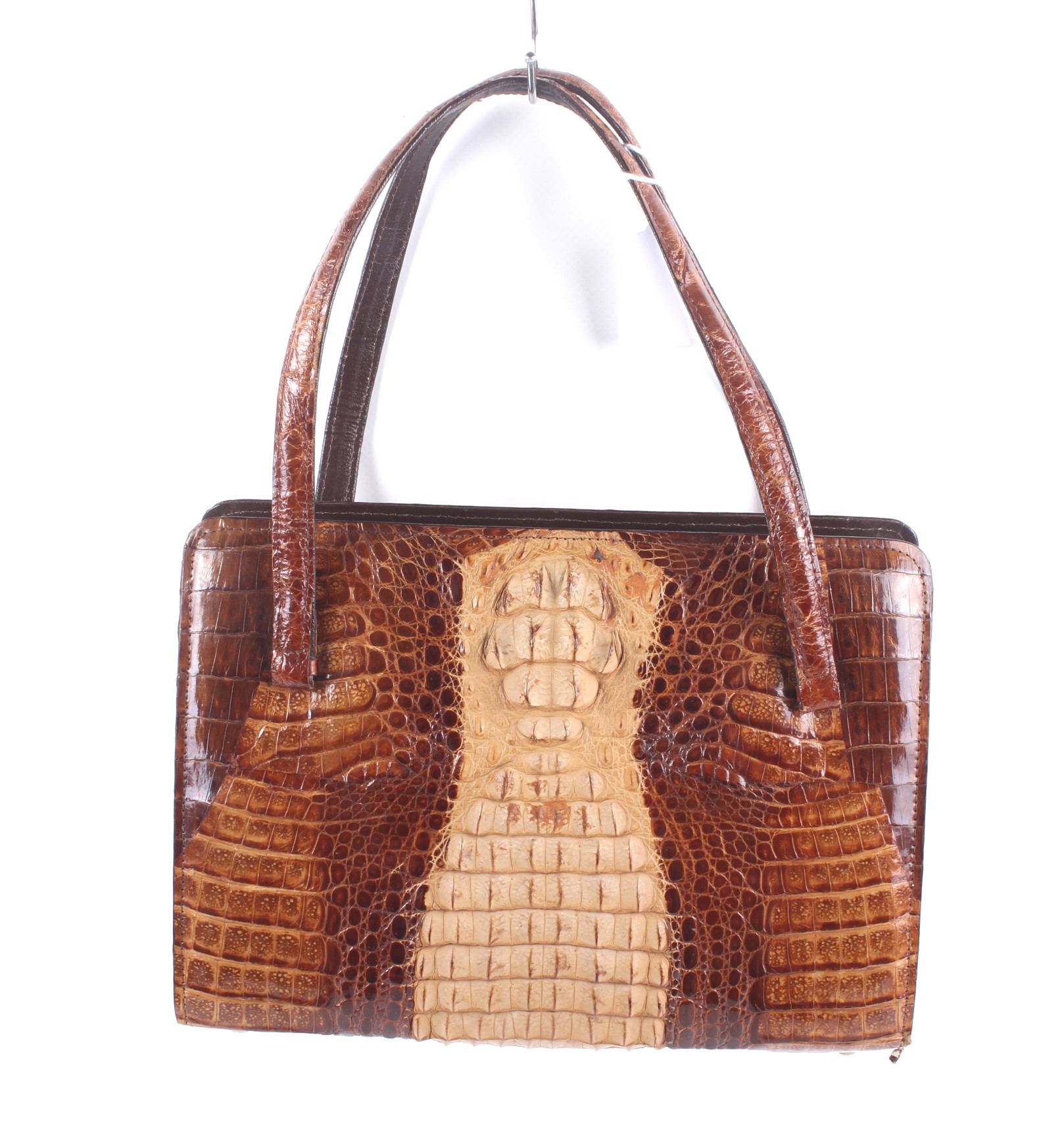 A vintage brown crocodile skin handbag and purse.