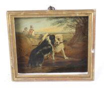 Small oil on board. Depicting two dogs 'who's to have the stick', framed, 15cm x 12.