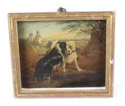 Small oil on board. Depicting two dogs 'who's to have the stick', framed, 15cm x 12.