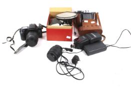 A collection of assorted camera equipment.