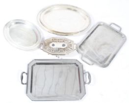 A selection of silver plated trays and a plate warmer. The trays of various sizes and designs, Max.