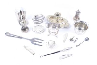 A small collection of silver and plated items including three silver and mother of pearl mounted