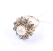 A vintage 9ct gold cultured-pearl and turquoise flower-head cluster ring resembling a dahlia.