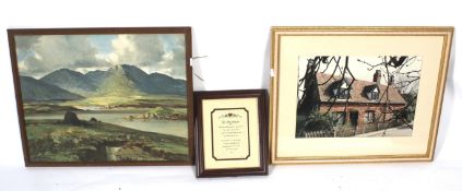 Three contemporary pictures. Comprising a photograph of a cottage, 30cm x 43cm, a framed poem, 17.