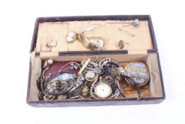 A collection of Victorian and later jewellery in a vintage box including watches, brooches,