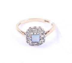 A vintage 9ct gold, opal-doublet and paste/white sapphire shaped-oblong cluster ring.