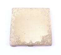 A Continental gilt metal square engine-turned and floral engraved compact. Indistinct marks, 7.